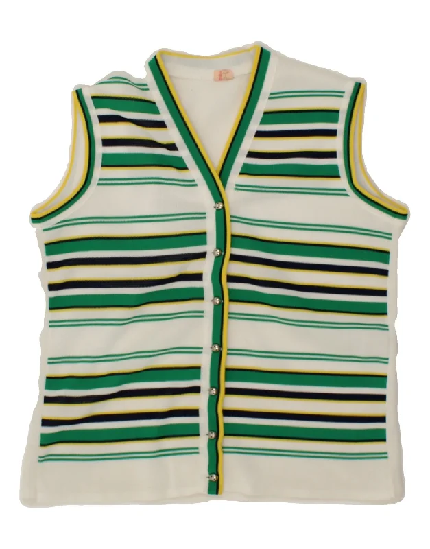 Early Bird Discount VINTAGE Womens Sleeveless Cardigan Sweater UK 12 Medium White Striped Early Bird Discount VINTAGE Womens Sleeveless Cardigan Sweater UK 12 Medium White Striped