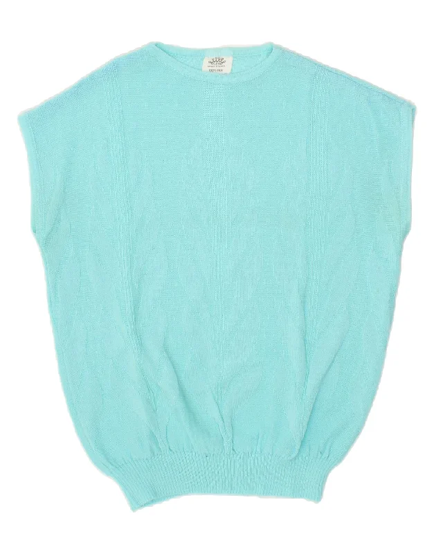 Deal Dash VINTAGE Womens Short Sleeve Crew Neck Jumper Sweater UK 14 Medium Blue
