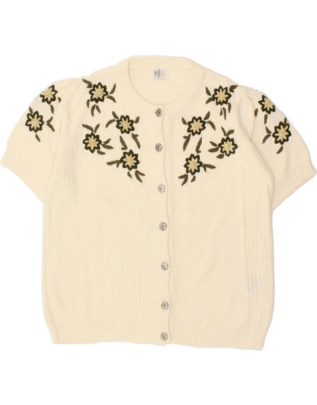 New Arrival VINTAGE Womens Short Sleeve Cardigan Sweater UK 16 Large Beige Floral