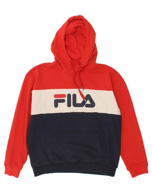 Special Buy FILA Womens Graphic Hoodie Jumper UK 14 Medium Red Colourblock Cotton