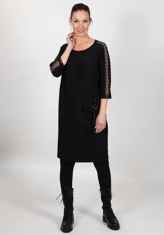 Best Seller I.nco Mesh & Stud Trim Smock Dress, Black