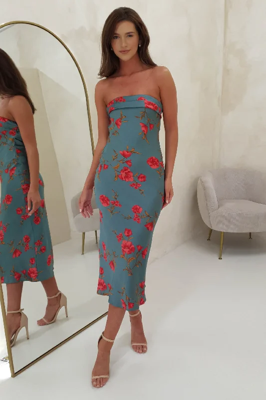 Super Sale Valencia Floral Print Strapless Midi Dress | Teal Print