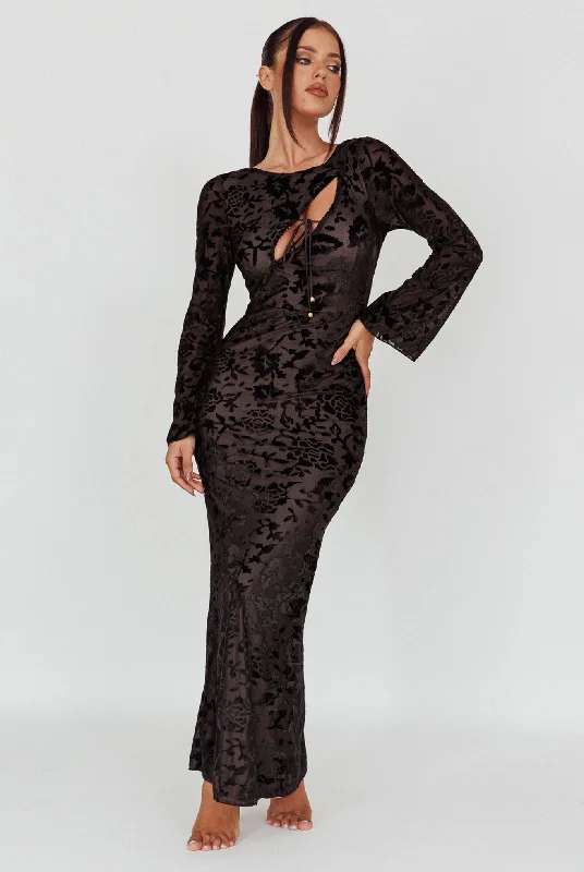 Online Only Novalie Long Sleeve Velvet Print Midi Dress Black