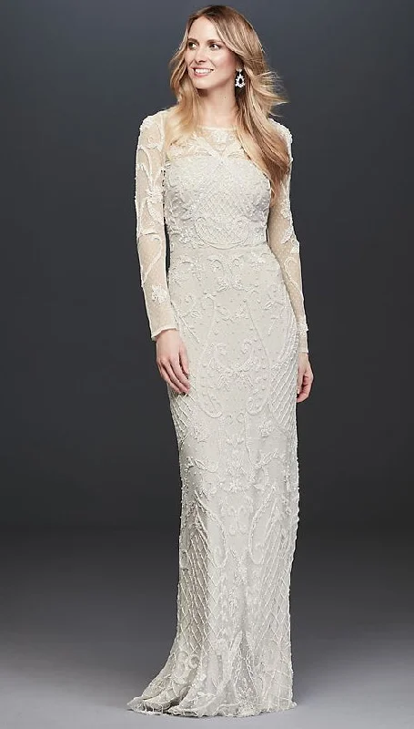Midnight Madness David's Bridal Allover Scroll Breaded Illusion Long Sleeve Gown