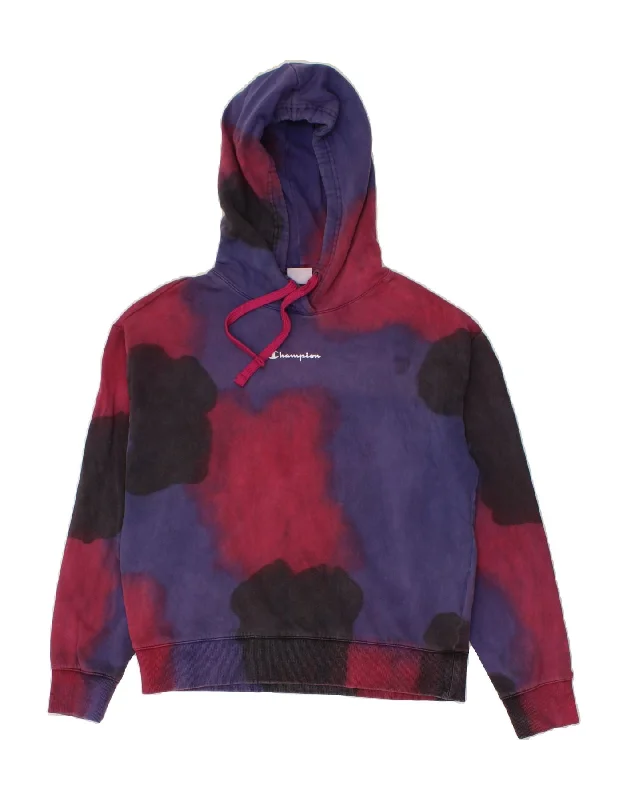 Price Blitz CHAMPION Womens Hoodie Jumper UK 16 Large Blue Tie Dye Cotton