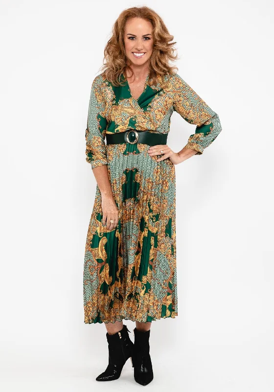 Clearance Items Seventy1 Ornate Print Pleat Midi Dress, Green