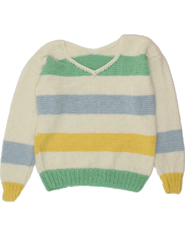 Discount Extravaganza VINTAGE Womens V-Neck Jumper Sweater UK 14 Medium Multicoloured Striped Discount Extravaganza VINTAGE Womens V-Neck Jumper Sweater UK 14 Medium Multicoloured Striped