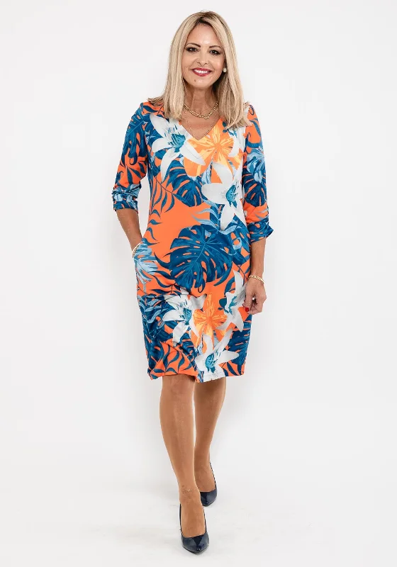 Deal of the Day Leon Collection Lily Flower Print Dress, Orange Multi