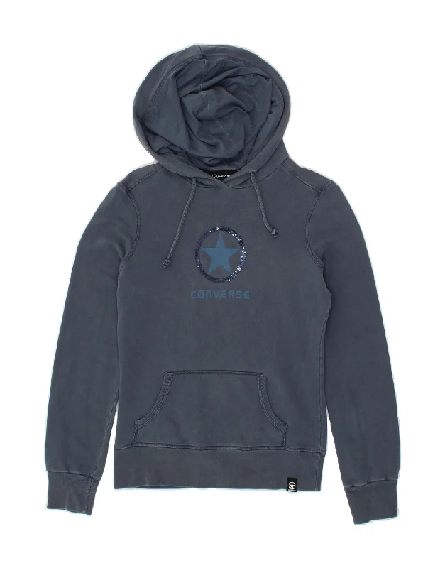 Hot Deal CONVERSE Womens Graphic Hoodie Jumper UK 10 Small Navy Blue Cotton