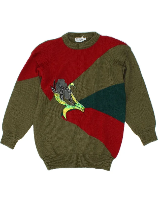 Super Deal VINTAGE Womens Graphic Crew Neck Jumper Sweater EU 42 Large Green