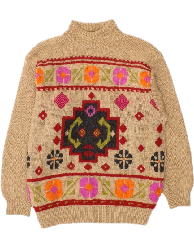 Act Fast BENETTON Womens Turtle Neck Jumper Sweater UK 10 Small Beige Fair Isle