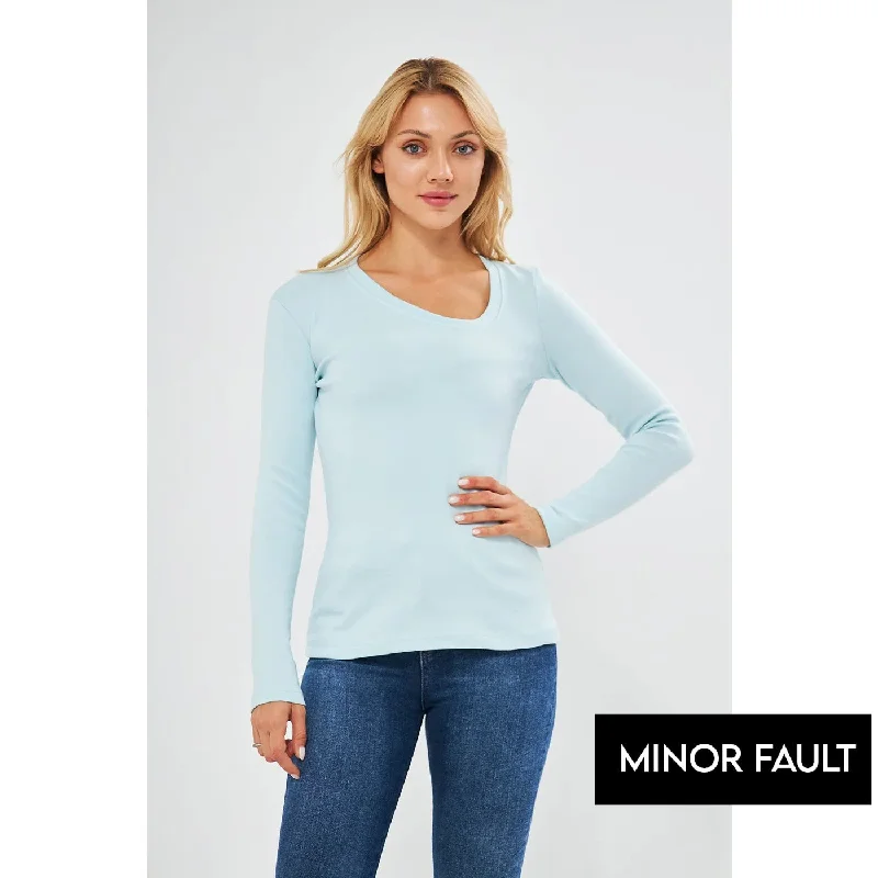 New Deals (Minor Fault) Light Blue Rib Cross Scoop Neck Top