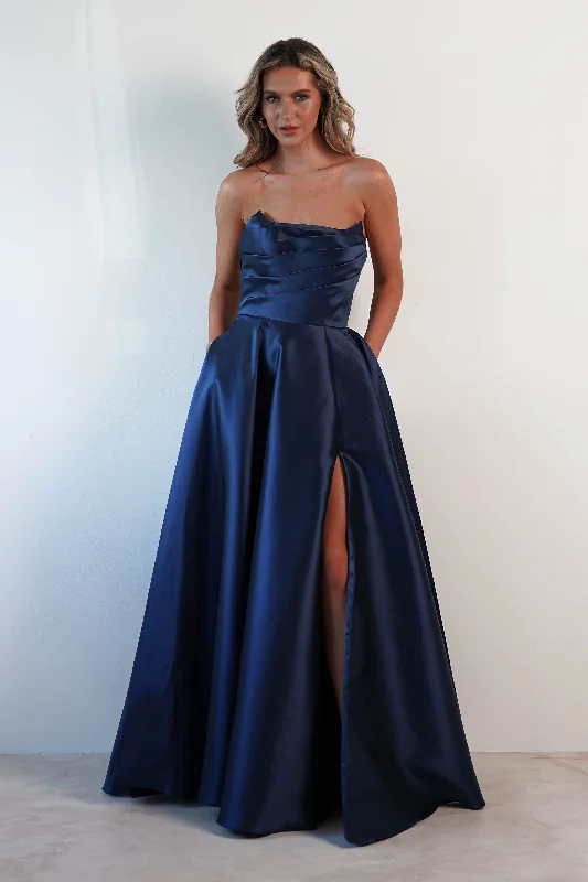 Deal Dash Miya Corset A-Line Satin Gown | Navy