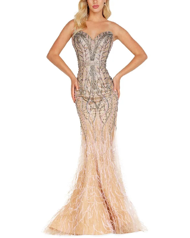 Savings Bonanza Terani Strapless Sweetheart Beaded Bodice Feather Dress