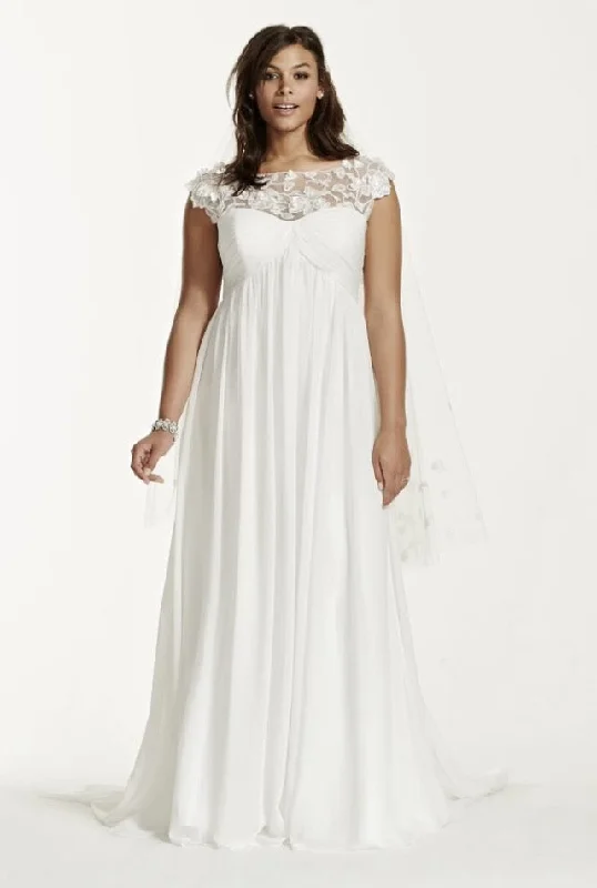 Flash Sale David's Bridal Cap Sleeve Chiffon A-Line with Floral Applique