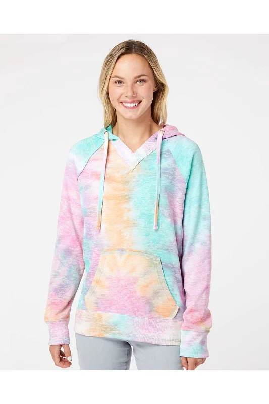 New Deals MV Sport Womens Courtney Burnout V-Notch Hooded Sweatshirt Hoodie w/ Pouch Pocket - Rainbow Sorbet