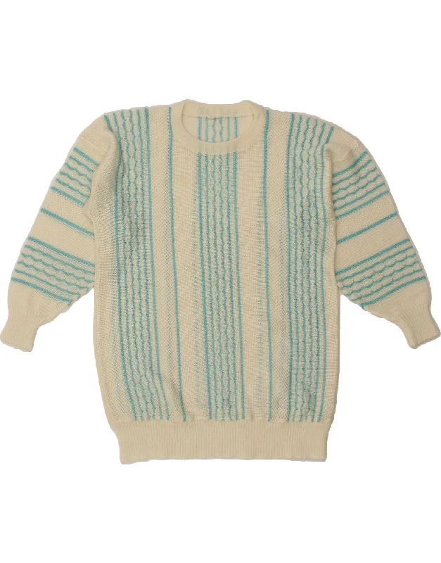 Price Rollback VINTAGE Womens Crew Neck Jumper Sweater UK 12 Medium Off White Striped Price Rollback VINTAGE Womens Crew Neck Jumper Sweater UK 12 Medium Off White Striped