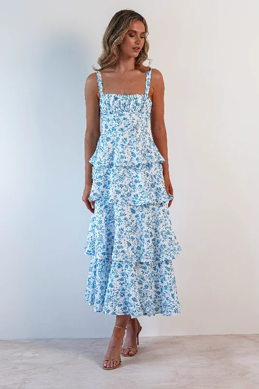Bargain Prices Emily Floral Ruffle Maxi Dress | Blue/White