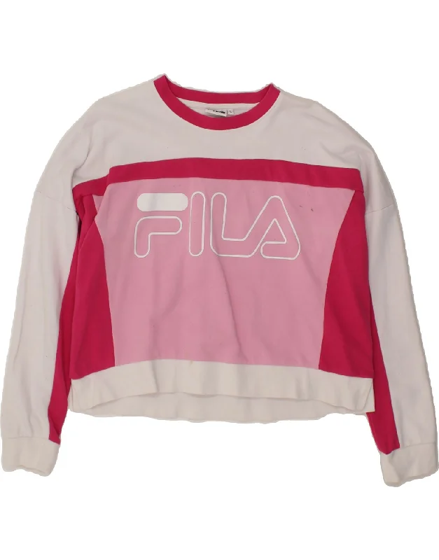 Don't Wait FILA Womens Graphic Crop Sweatshirt Jumper UK 16 Large Pink Colourblock
