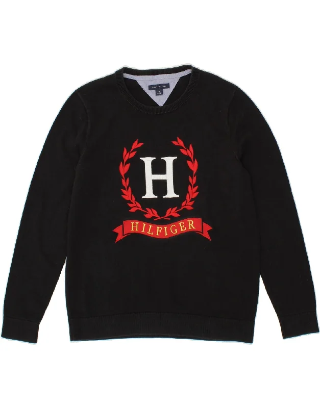 Season Finale Sale TOMMY HILFIGER Womens Graphic Crew Neck Jumper Sweater UK 14 Medium Black