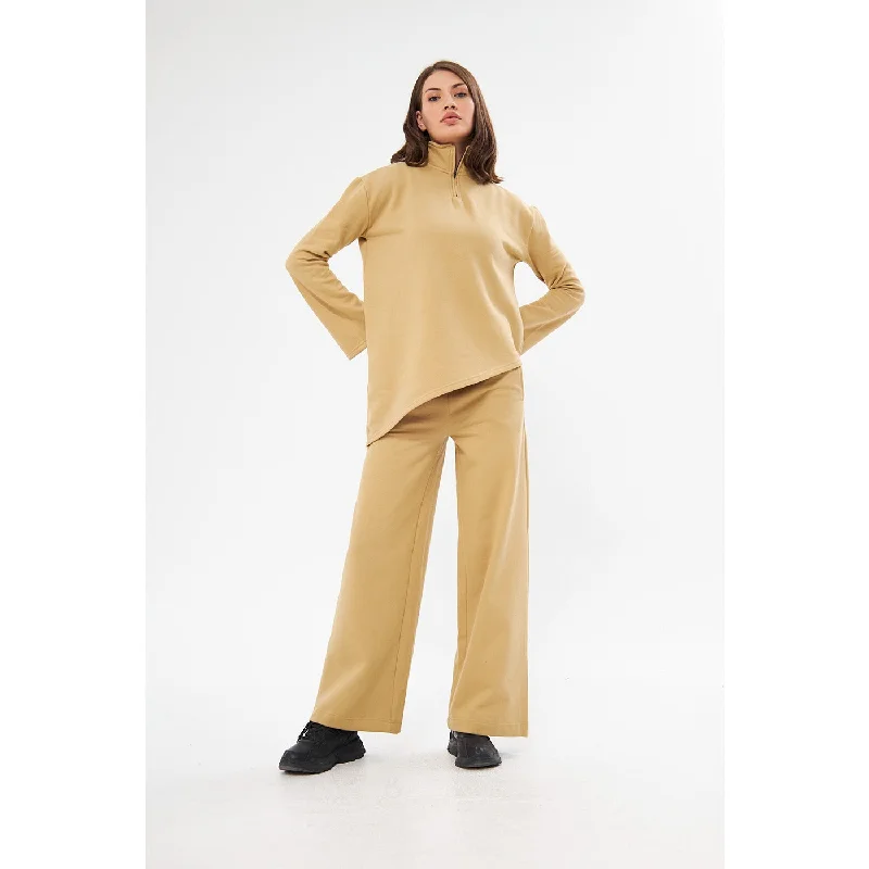 Factory Direct Sale Zipper Cross Hem Beige Sweatshirt
