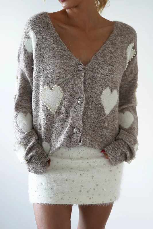 New Markdowns Lilah Pearl Heart Oversized Cardigan | Taupe
