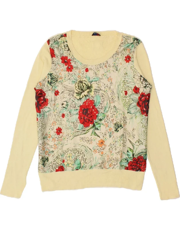 Last Chance BLAUER Womens Boat Neck Jumper Sweater UK 16 Large Beige Floral Cotton