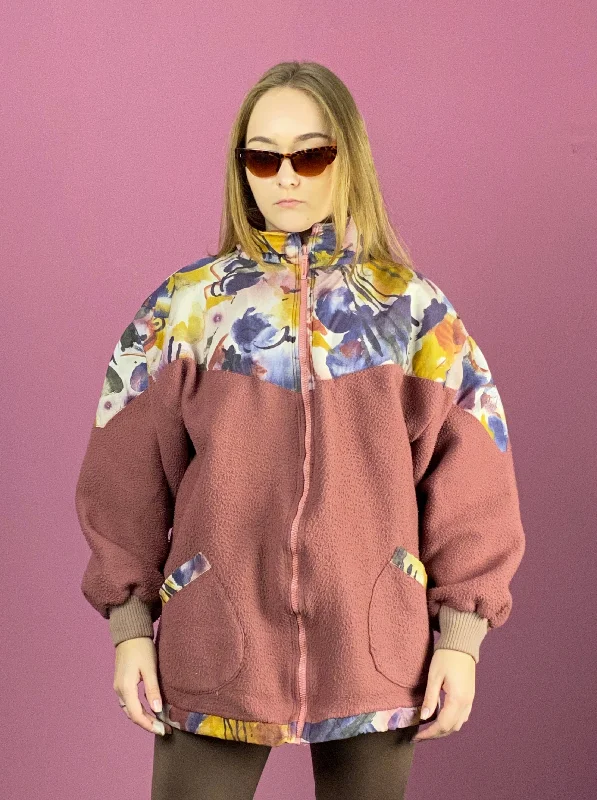 Seasonal Sale 90s Vintage Women's Abstract Full Zip Fleece - S Dusty Pink Polyester
