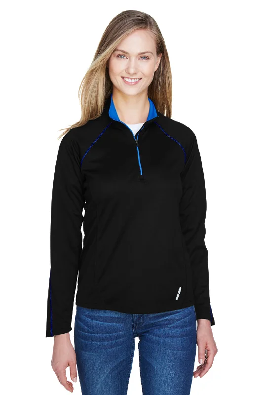 YEAR-End Clearance North End Womens Radar Performance Moisture Wicking 1/4 Zip Sweatshirt - Black/True Royal Blue YEAR-End Clearance North End Womens Radar Performance Moisture Wicking 1/4 Zip Sweatshirt - Black/True Royal Blue