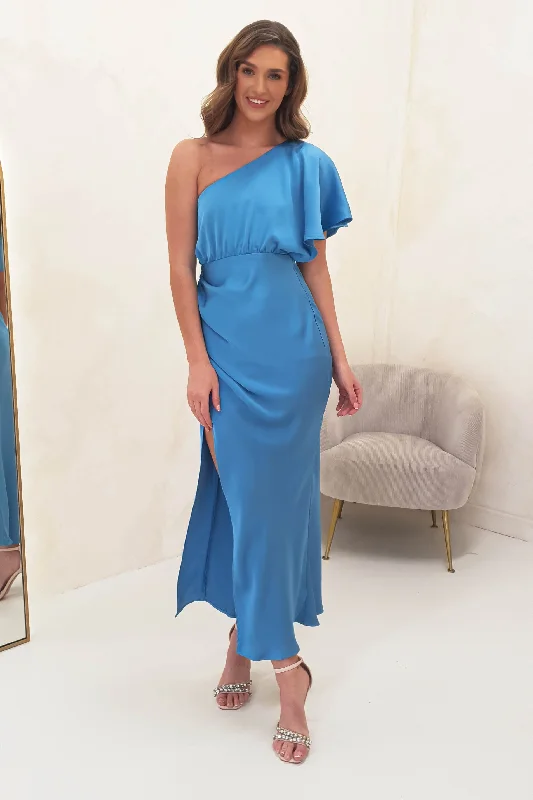 Huge Savings Jenna Soft Satin One Shoulder Maxi | Blue