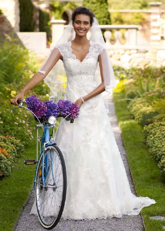 Buy More, Save More David's Bridal Cap Sleeve Lace Over Satin Gown with Illusion Back