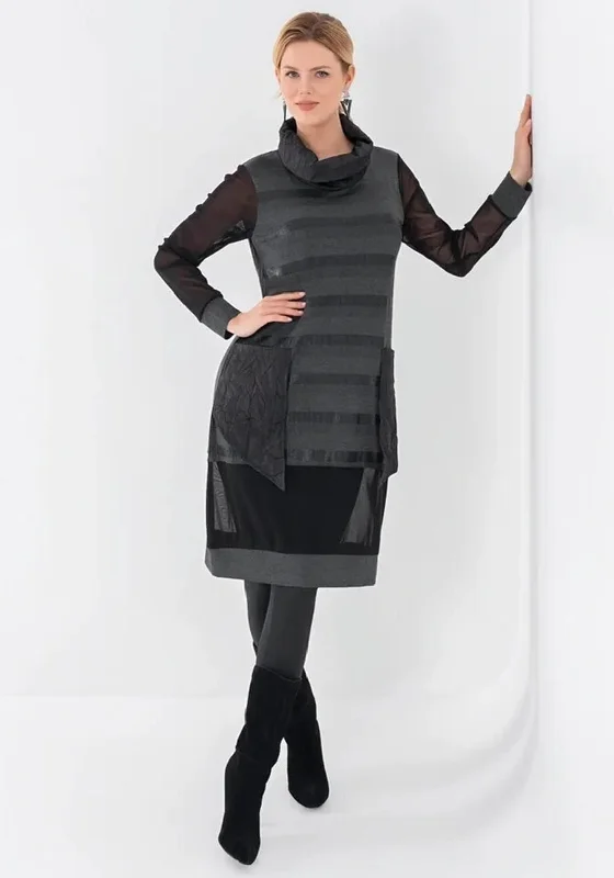 Get It Before It’s Gone Ever Sassy Patch Pocket Sheer Detail Dress, Black and Grey