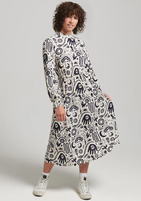 Doorbuster Deal Superdry Womens Vintage Graphic Midi Dress, Cream & Navy