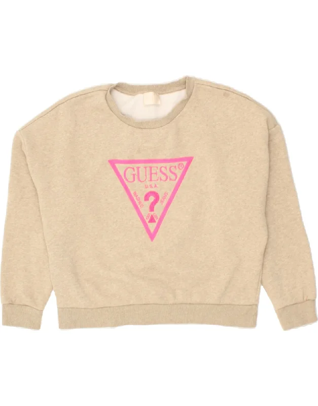 Mega Sale GUESS Womens Oversized Graphic Sweatshirt Jumper UK 8 Small  Beige Cotton