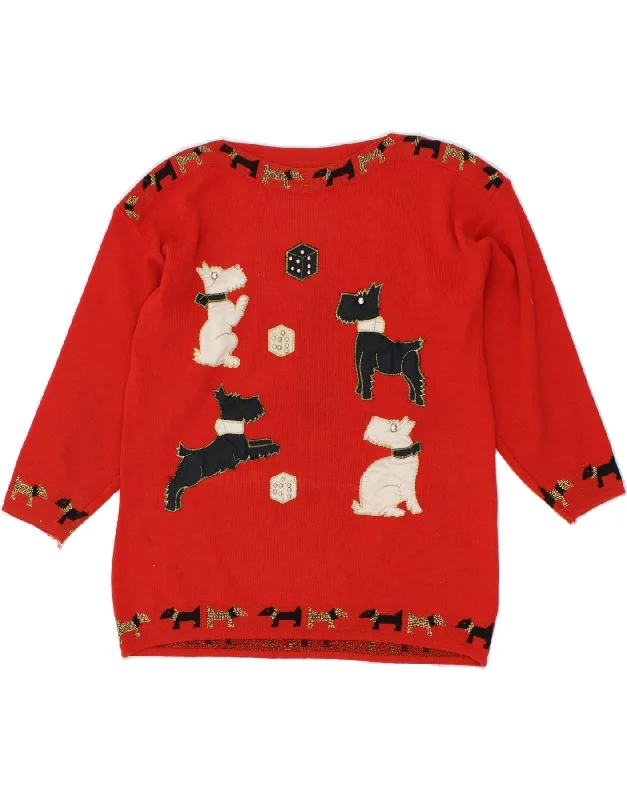 Super Bargain VINTAGE Womens Graphic Boat Neck Jumper Sweater UK 14 Large Red