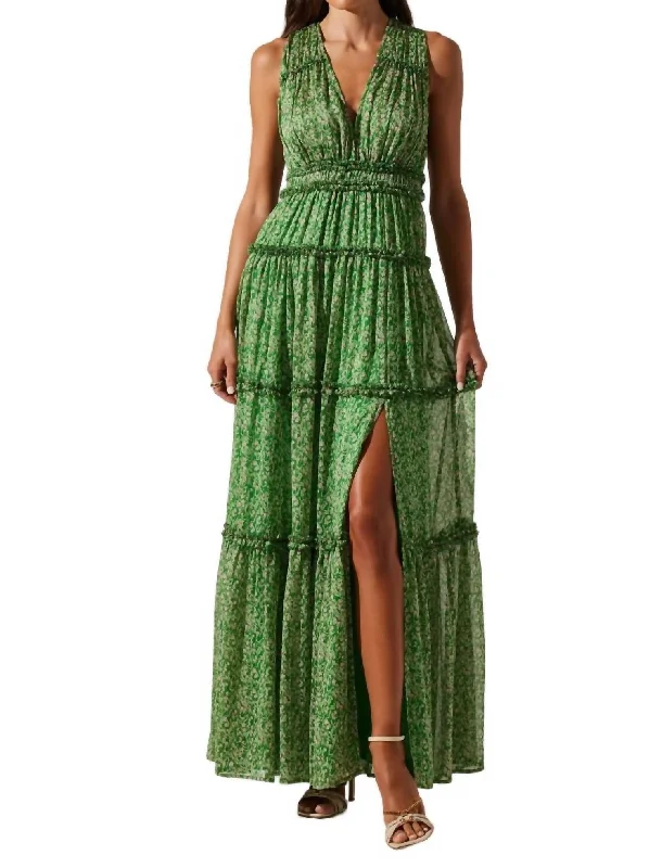 Crazy Savings Plunge Tiered Ruffle Maxi Dress In Green Pink Floral