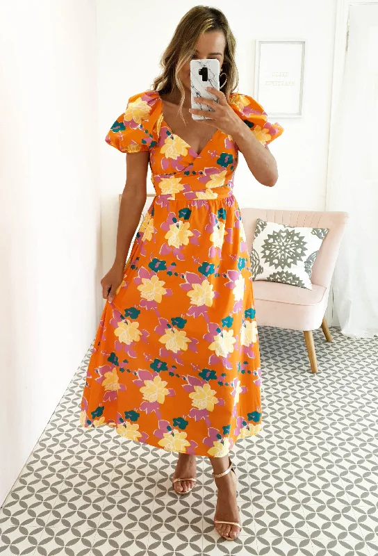 Great Bargains Sweet Flower Midi Dress | Orange