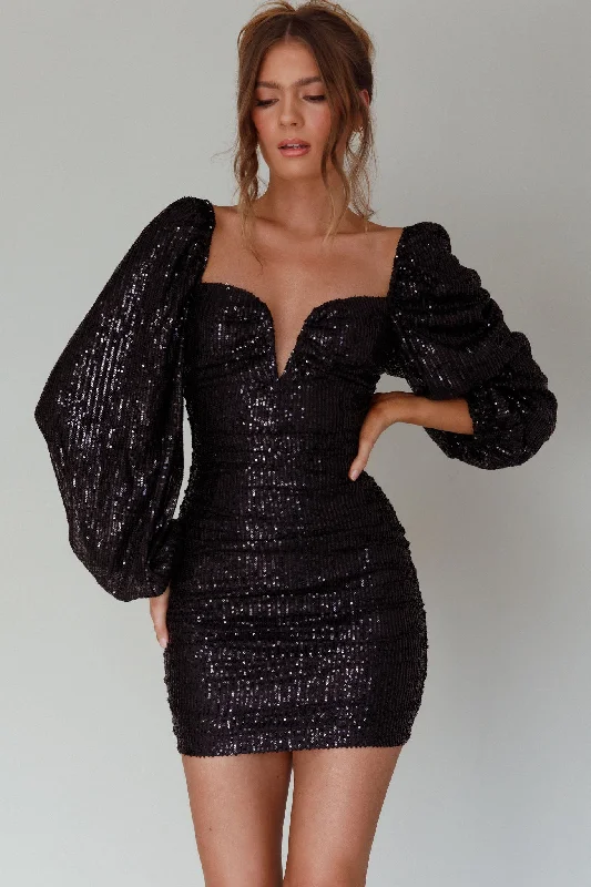 Deal Zone Jayde Balloon Sleeve Sequin Mini Dress Black