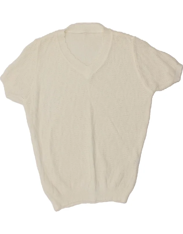 Deal Mania VINTAGE Womens Short Sleeve V-Neck Jumper Sweater UK 16 Large White