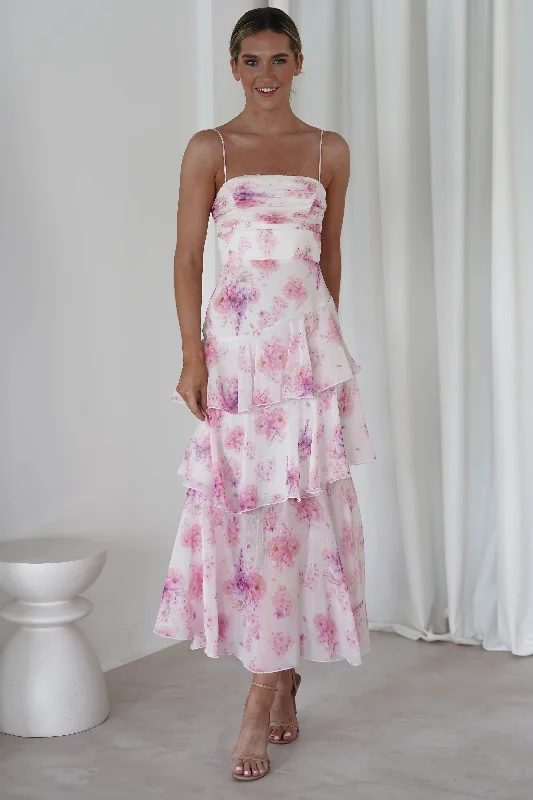 Now or Never Becca Ruffle Floral Maxi Dress | White/Pink