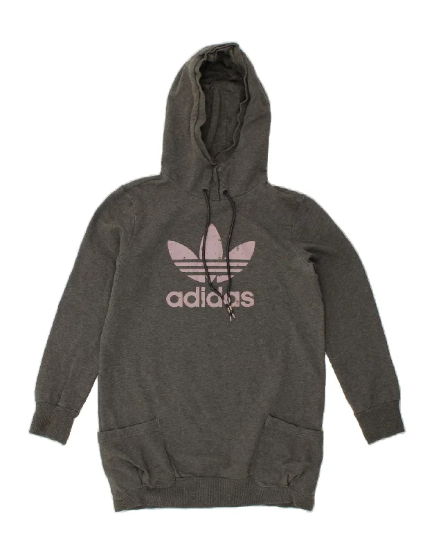 Markdowns ADIDAS Womens Longline Graphic Hoodie Jumper EU 40 Medium Grey Cotton