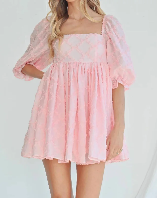 Midnight Madness Ribbon Textured Puff Sleeve Babydoll Mini Dress In Baby Pink