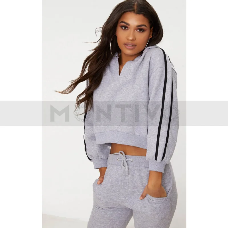 Stock Up and Save Grey Marl Crop Sport Stripe Hoodie