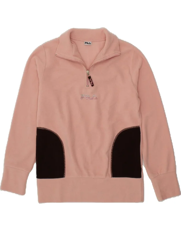 Unmissable Offer FILA Womens Graphic Zip Neck Fleece Jumper UK 14 Medium Pink Colourblock