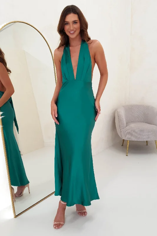 Price Blitz Kaylah Satin Halter Neck Maxi Dress | Green
