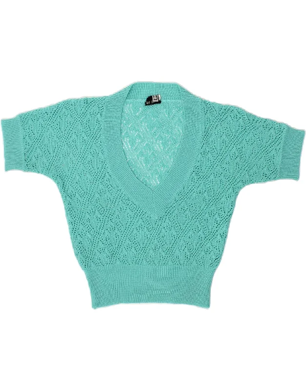 Early Access VINTAGE Womens Short Sleeve V-Neck Jumper Sweater UK 14 Large Turquoise Early Access VINTAGE Womens Short Sleeve V-Neck Jumper Sweater UK 14 Large Turquoise