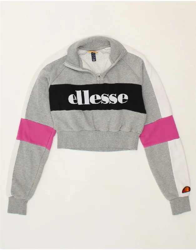 Deal Zone ELLESSE Womens Oversized Graphic Zip Neck Sweatshirt Jumper UK 6 XS Grey