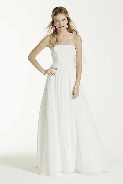 Overstock Sale David's Bridal Extra Length Chiffon Soft Gown with Beaded Lace  4