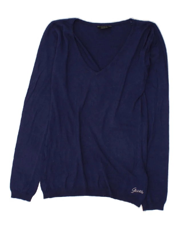 Price Cut GUESS Womens V-Neck Jumper Sweater UK 12 Medium Navy Blue Viscose