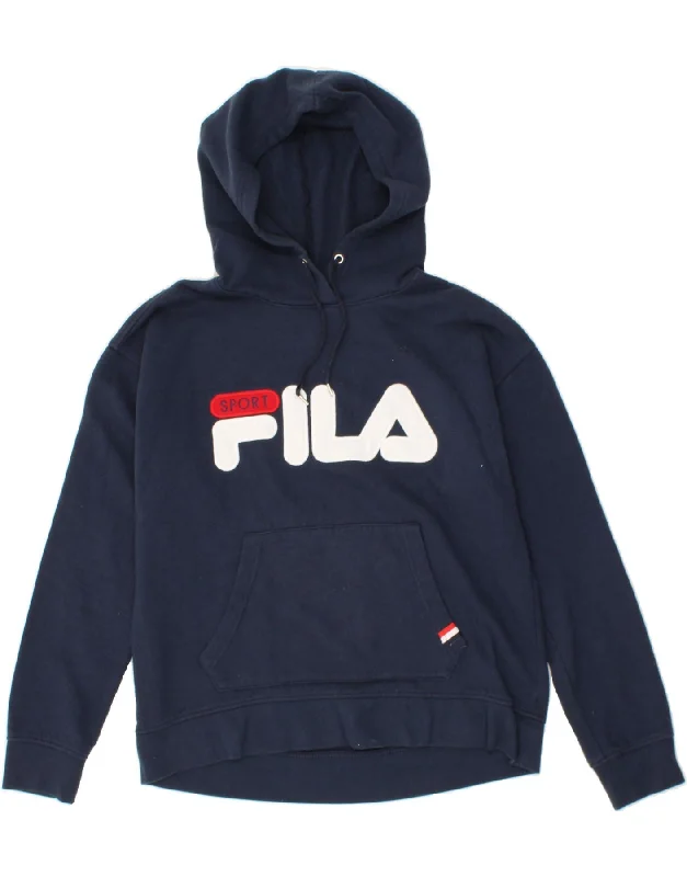 Crazy Savings FILA Womens Graphic Hoodie Jumper UK 16 Large Navy Blue Cotton